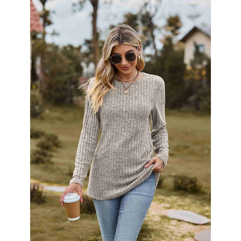 Ribbed Round Neck Long Sleeve Tee